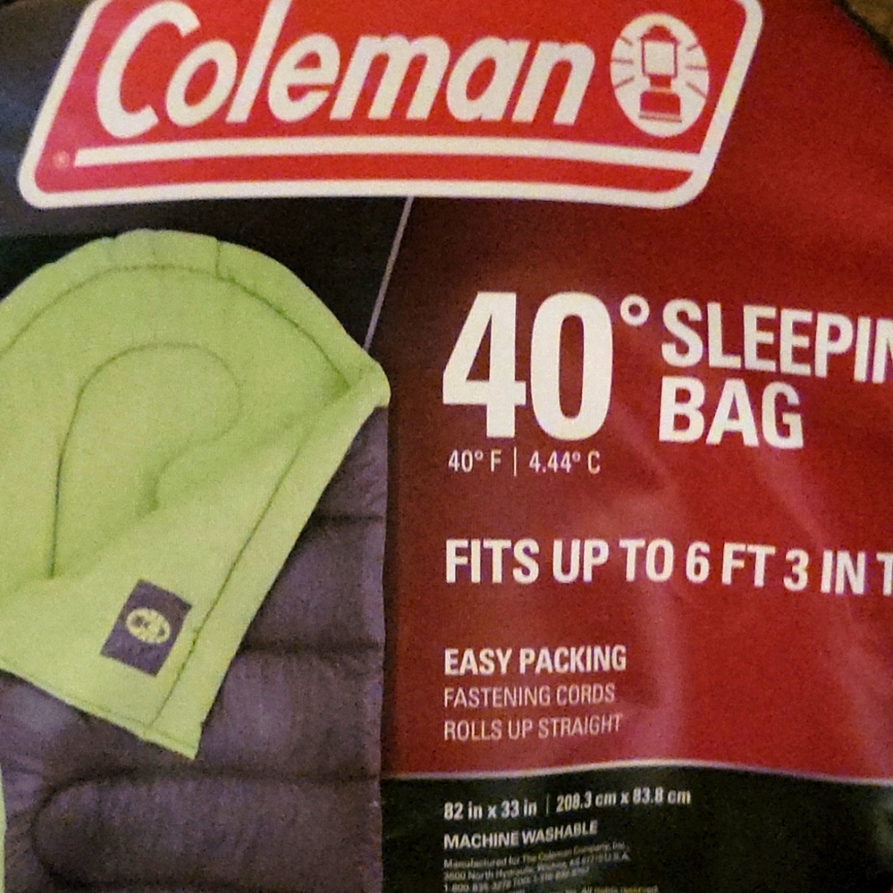 Coleman Raymer 40 Degree Tall Sleeping Bag, Green/Gray 100% Polyester Brand New - Picture 1 of 1